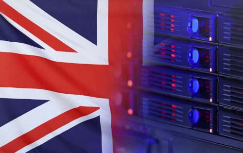 Technology concept consisting of server hardware merging with the Flag of Great Britain for use as local or country internet and hardware security image idea